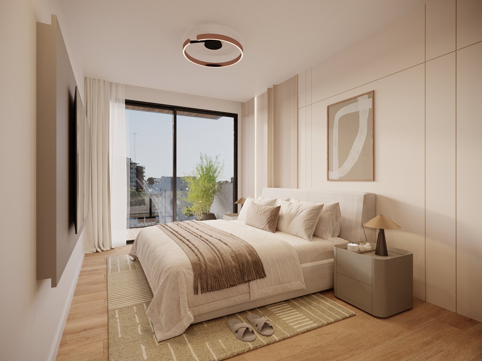 Dormitorio moderno con tonos cálidos