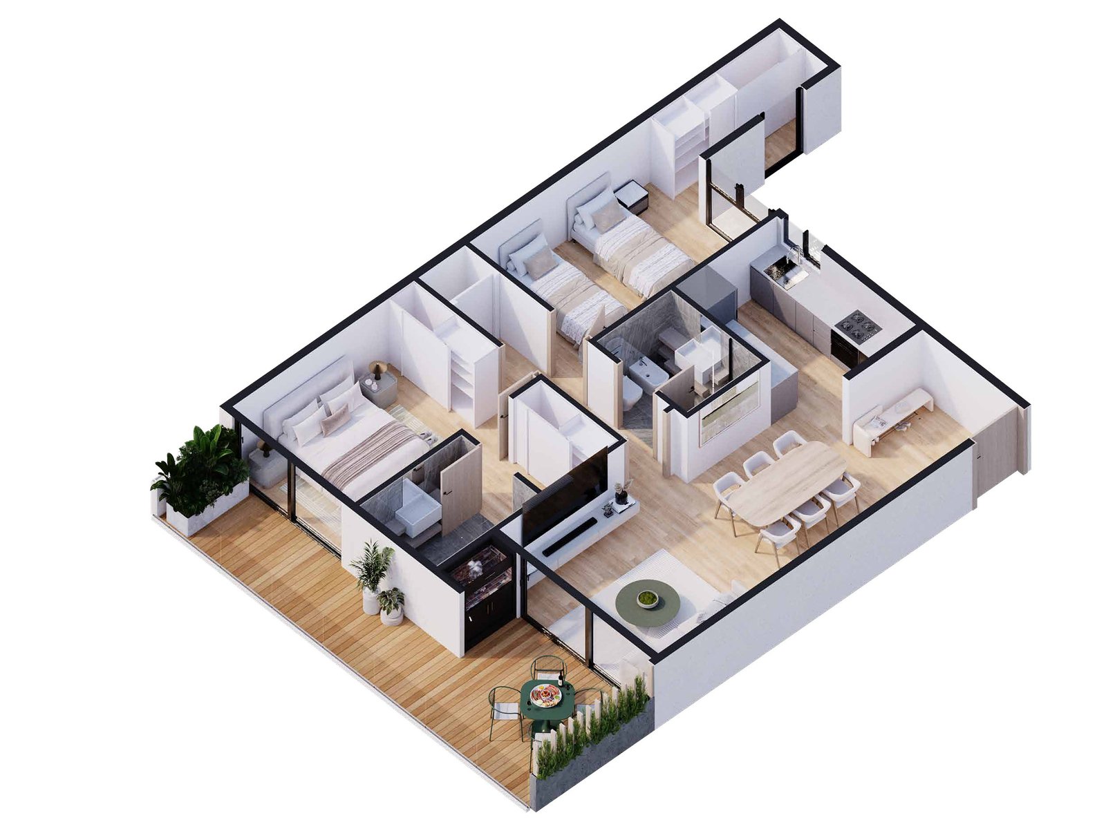 Planta 3D de una unidad del proyecto